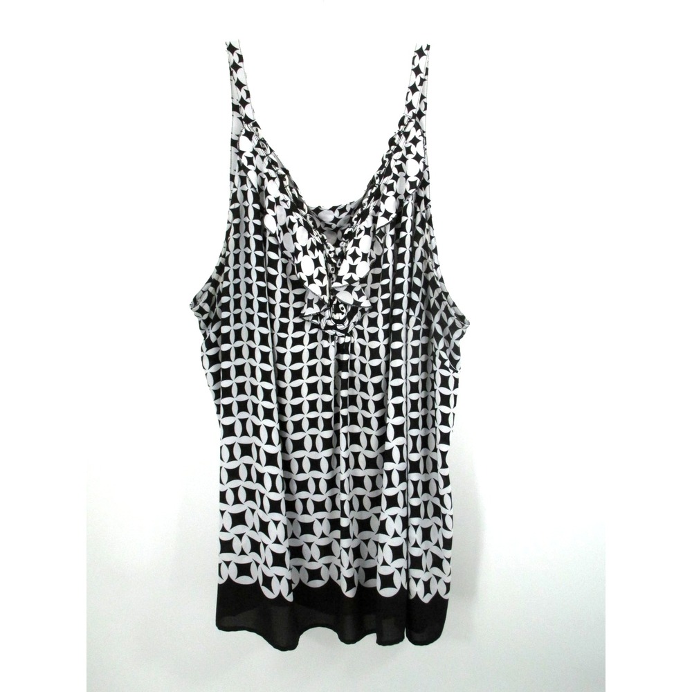 AVENUE Pullover Tank Top Babydoll Blouse Women 26/28 Black White Ruffled V-Neck